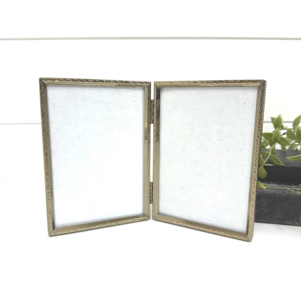Vintage Ornate Brass Double Folding Picture Frame Embossed Floral Hinged 3.5 x 5